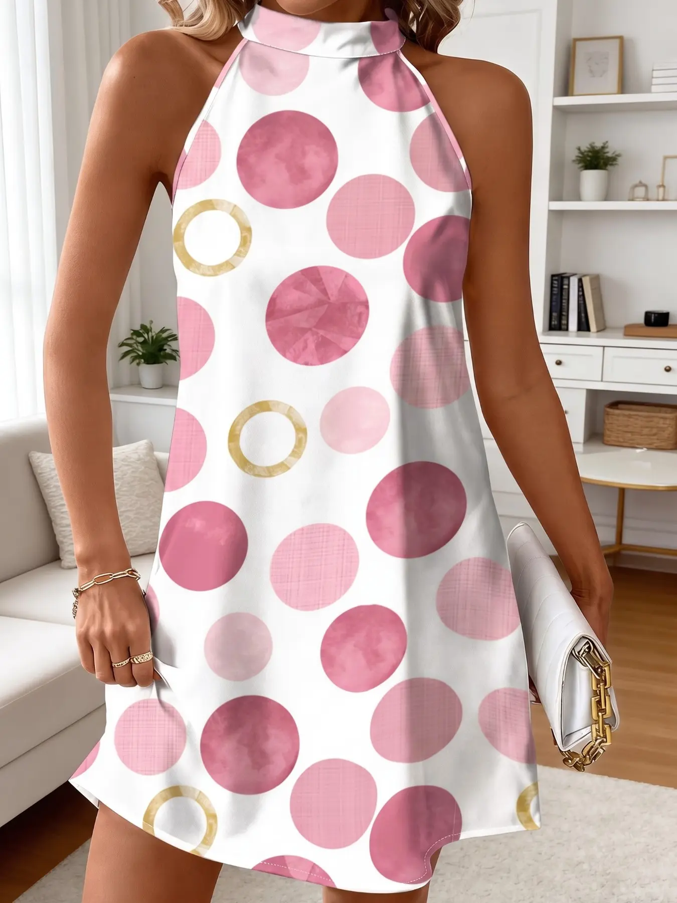 New Summer Women's Halter Dress, Polka Dot Print, Back Tie, Loose A-Line, Knee-Length, Sleeveless, Holiday Style, Unlined