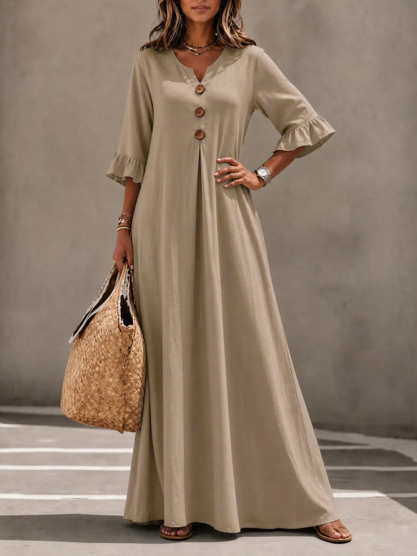 Women's Boho Style Loose-Fitting Wooden Texture V-Neck Dress, Leaf Sleeve Round Button A-Line Long Dress, All Seasons Fashion