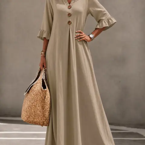 Women's Boho Loose-Fit V-Neck Dress with Wooden Buttons, Ruffle Sleeve A-Line Maxi Dress, Chic Fashion for All Seasons
