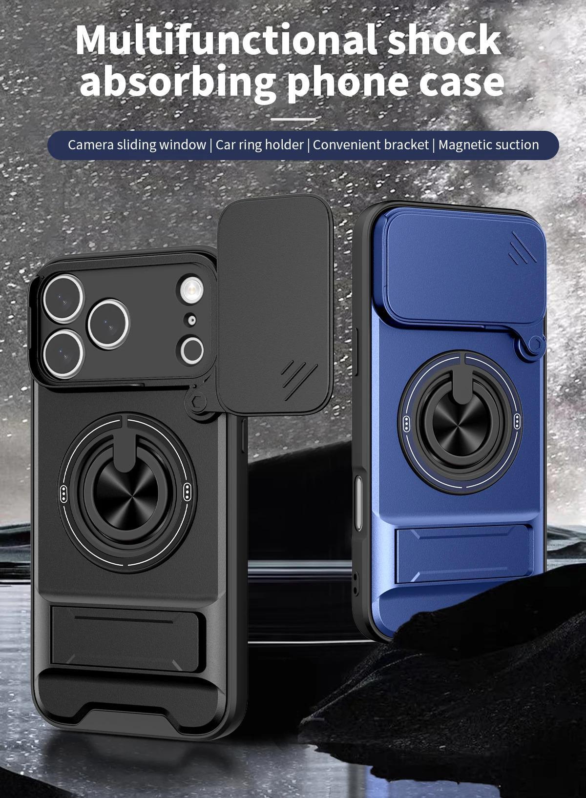 Phone Case: 3pcs Set[1 Phone Case+2 Screen Protectors] Luxury Multi-Functional Creative Push Window Rotating Ring Stand Phone Case Compatible with iPhone 17 16 15 14 13 12 11 Pro Max Plus Durable Fashion Magnetic Wireless Charging Shockproof Lens