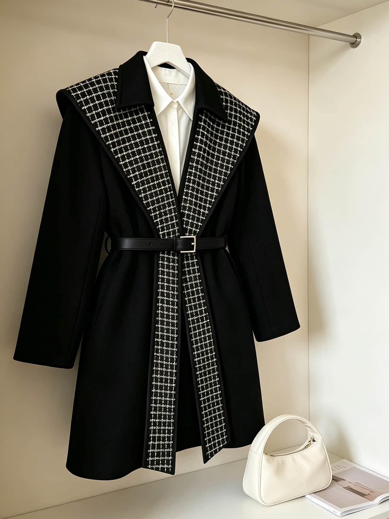 A stylish black women's coat with waist-cinching design, belt, and lapel, suitable for autumn and winter, perfect for office wear, daily dates, and outdoor outfits