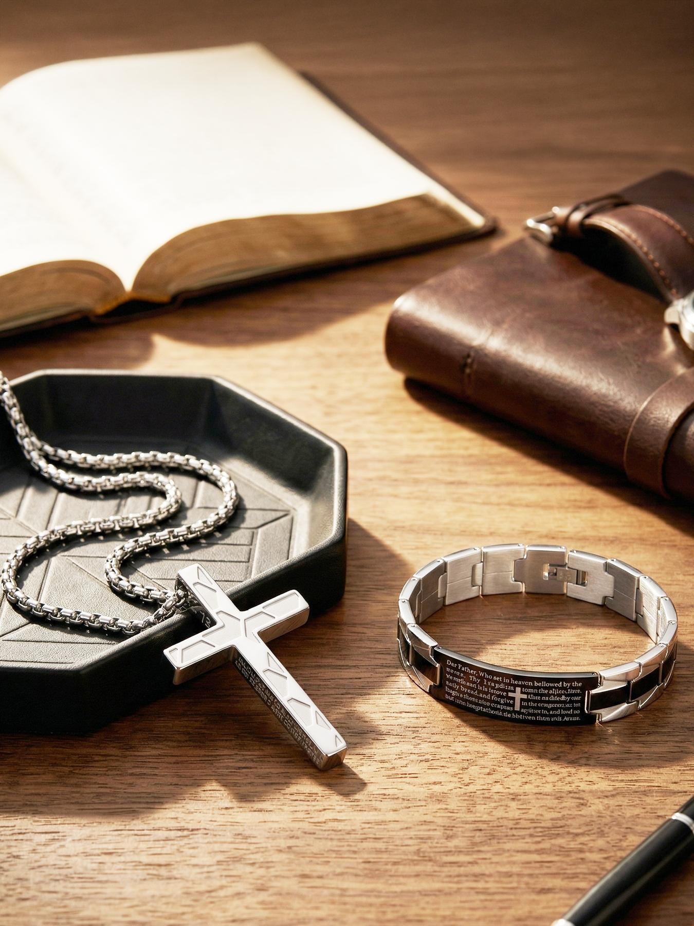 Stainless Steel Geometric Sanskrit Cross Men's Bracelet, 4:13 Cross Engraved Scripture Personalized Necklace # Jewelry / Stainless Steel / Colorfast / Hypoallergenic / Couple / Festival / Party / Ideal Gift