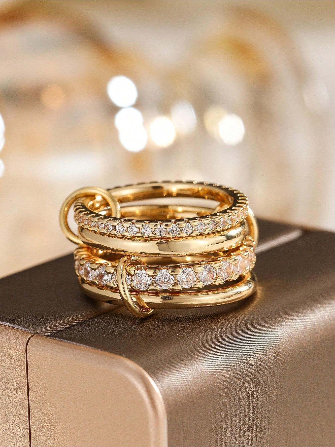 4pcs/3pcs Glamorous Personalized Cubic Zirconia Multi-Layer Adjustable Copper Alloy Colorful Elegant Fashion Stackable Finger Rings
