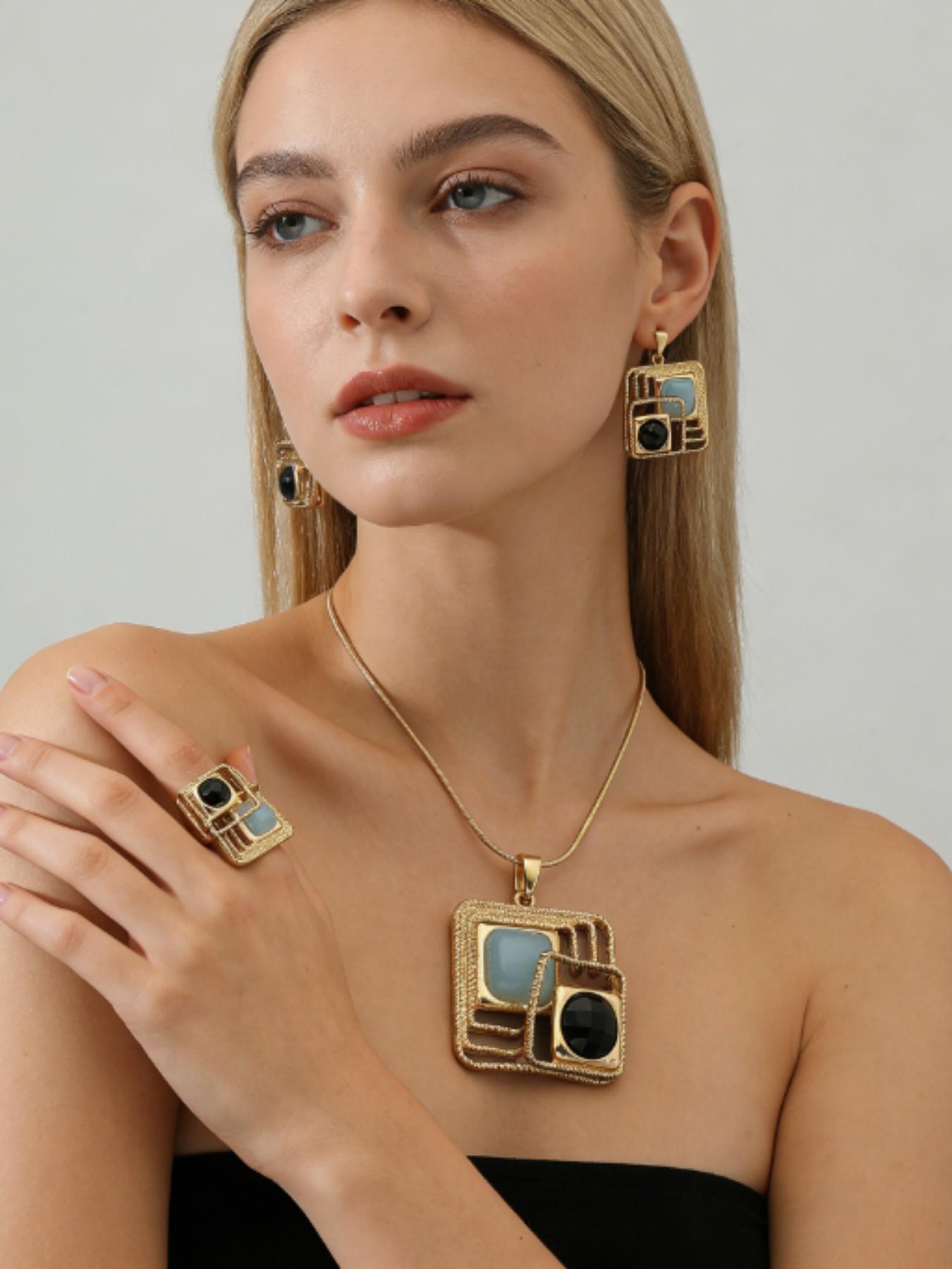 Luxury Unique Design Jewelry Set, Hollow Square Snake Chain Necklace Earrings Ring, Versatile Commuter Accessories, All Seasons Casual Style