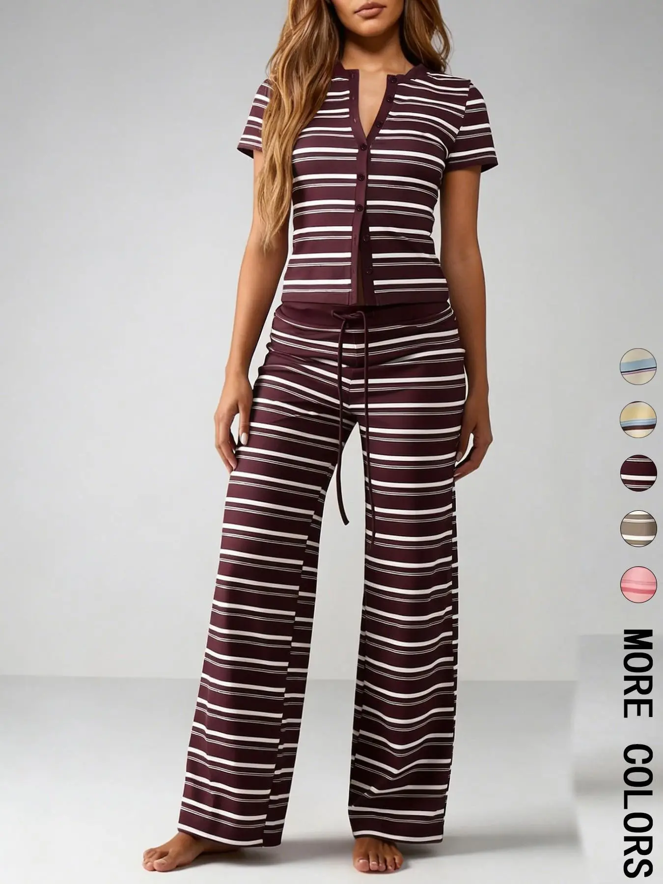 Women's Colorblock Striped Lounge Set, Short Sleeve Button Front Henley Top, Drawstring Waist Wide Leg Pants, High Stretch Soft Knit Fabric, Daily Home Wear Sleepwear Casual Vacation Wear, Casual Comfort Minimalist Style