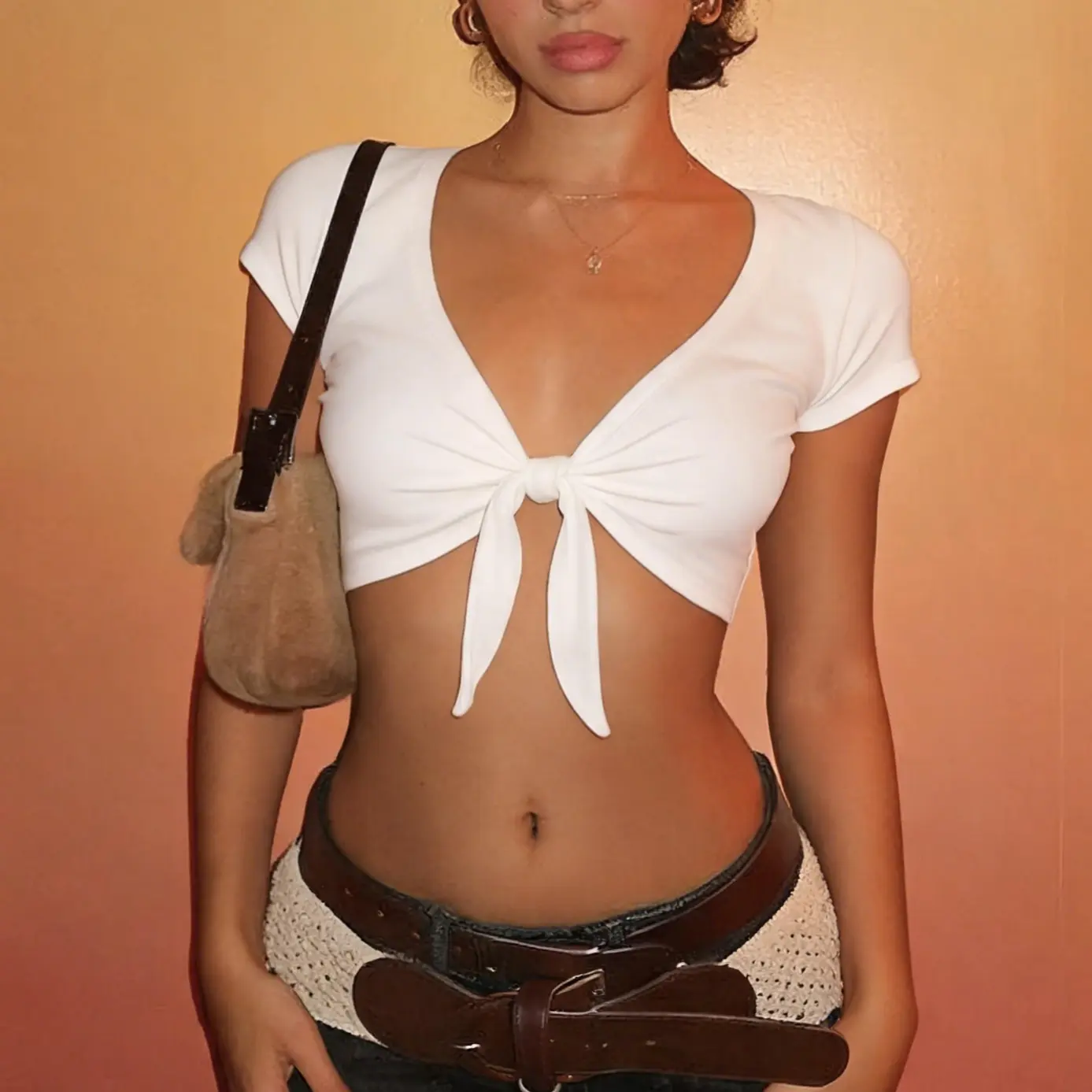 Y2K White Front-Tie Crop Top for Women, Deep V-Neck Short Sleeve Fitted Going-Out Top for Date Night and Party
