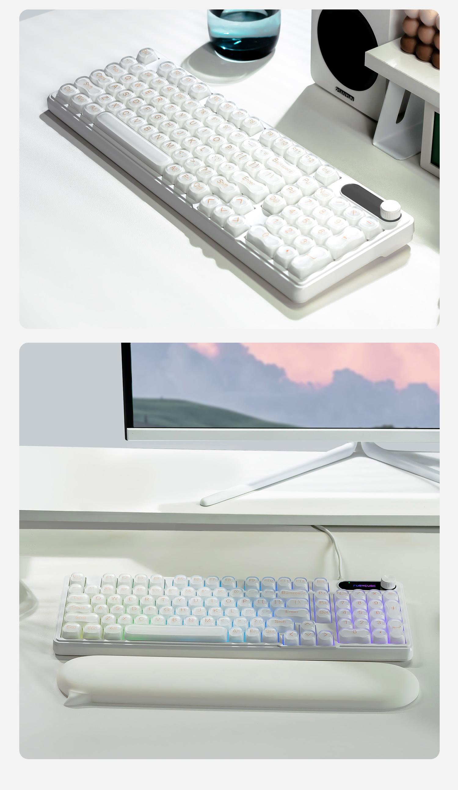 FURYCUBE IP98 Wired | Wireless Keyboard Gradient PBT Keycaps Side-Engraved Backlit Letters Smart Knob Gasket Structure Waterproof RGB Lighting Durable Double-Shot Keycaps Anti-Oil Matte Texture Membrane Keyboard Office Silent
