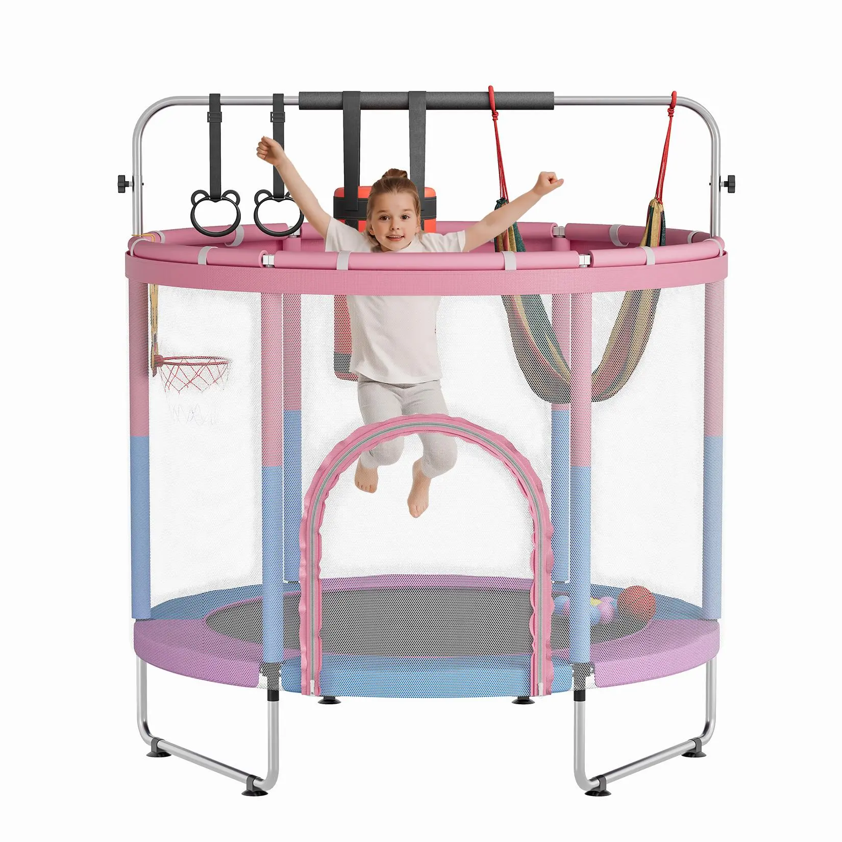 【Christmas Gift】55"/60" Kids Trampoline with Enclosure & Adjustable Gymnastics Bar, 440LBS Heavy Duty Indoor Outdoor Toddler Jumper, Safe Mini Trampoline with Safety Net & Padding, Multi-Functional Play Center Birthday Gift for Boys & Girls #SohoChic