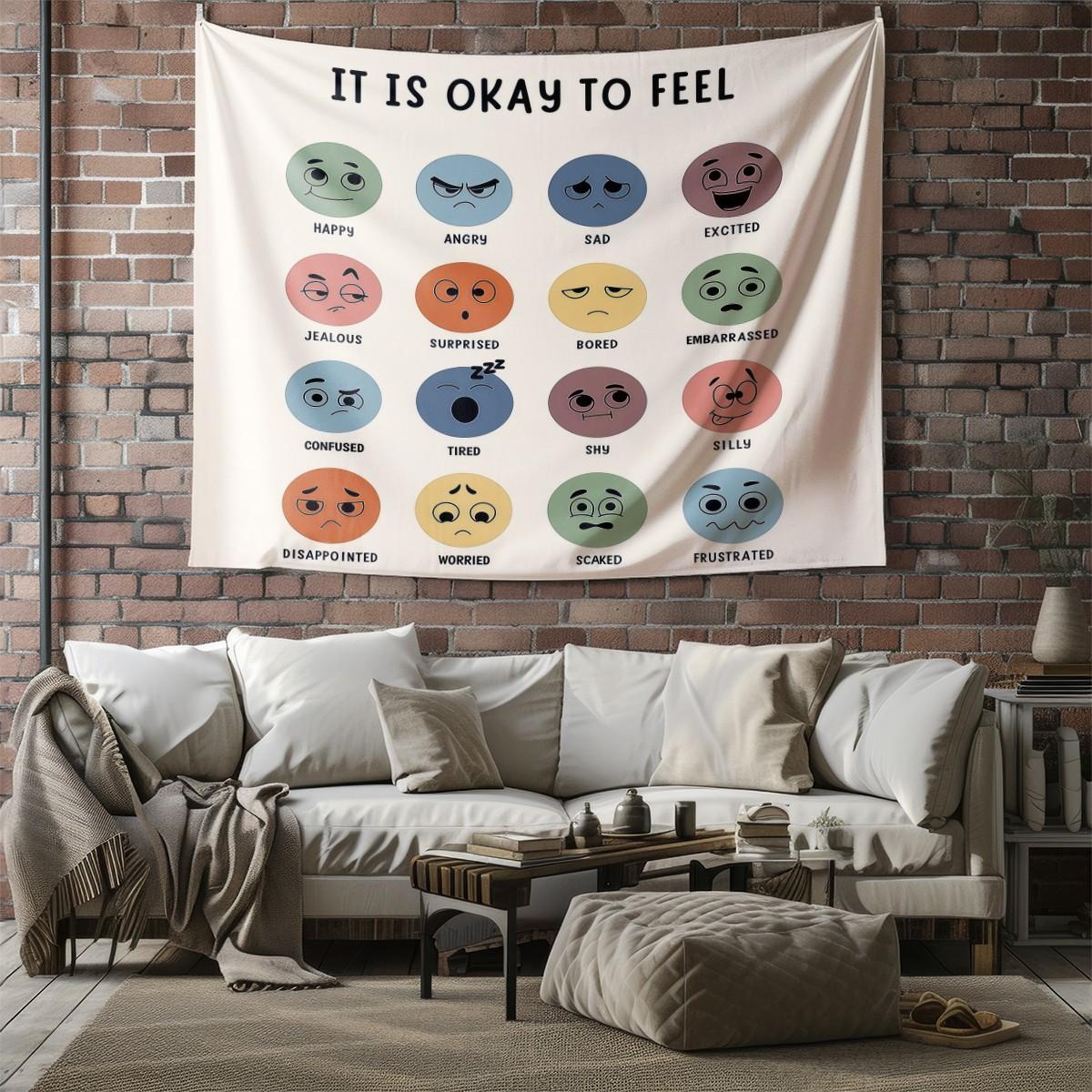 It Is Okay to Feel Emotion Chart Tapestry, Mental Health Awareness Wall Hanging, Colorful Mood Faces Tapestry for Bedroom Living Room Office, Positive Affirmation Wall Decor, Ideal Gift for Teens & Adults