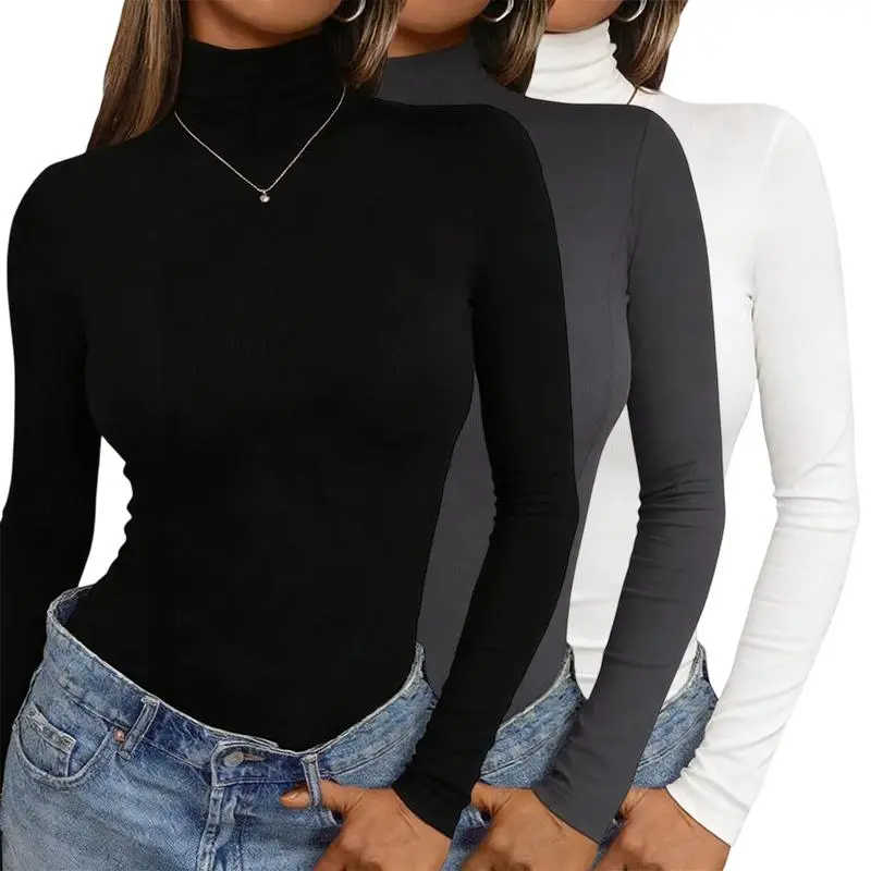 Women's 3PCS Thermal Lining Turtleneck Shirts - Long Sleeve Slim Stretch Casual Style Fabric Base Layer for Cold Season Essentials, Lightweight, Matching, Fit, Crop, Original, Soft, Comfortable, Everyday, Solid