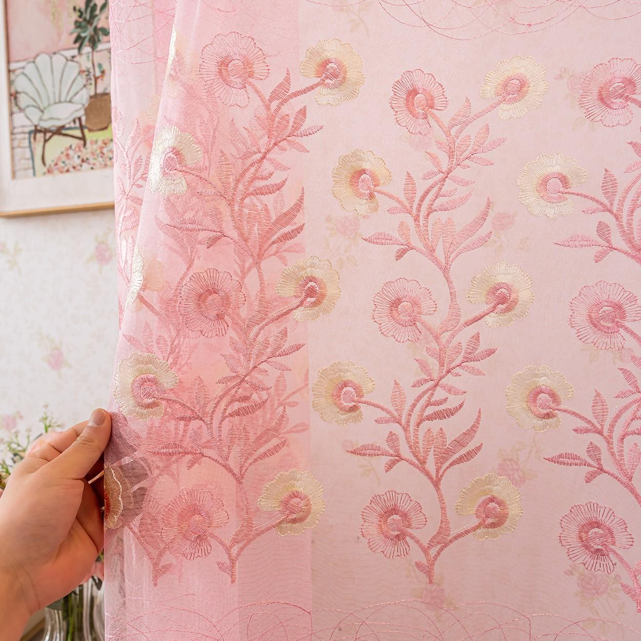 1panel Cherry Blossom Embroidered Transparent Curtain, Top Ring Hanging, Bedroom Balcony Living Room Decor, Create Atmosphere