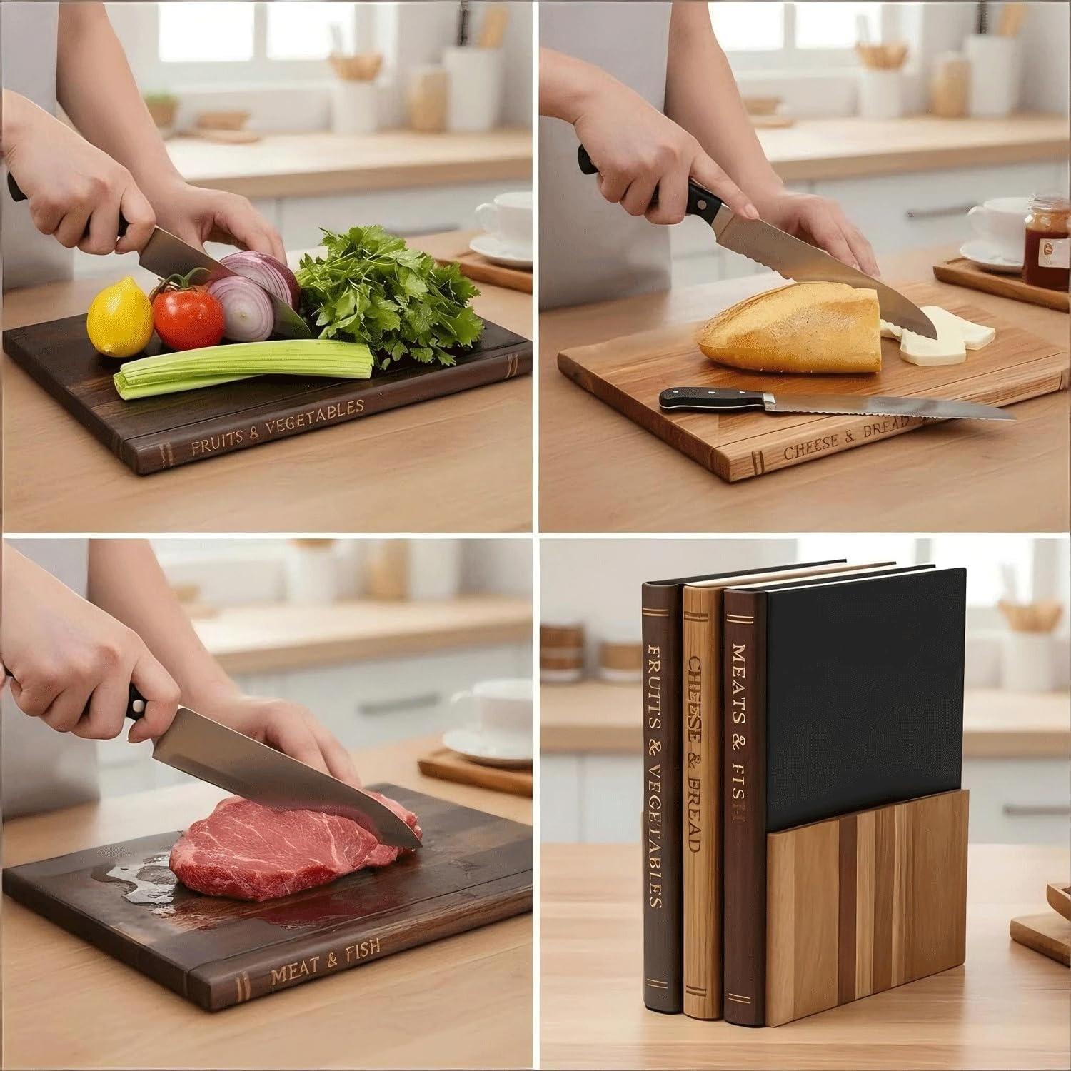 Premium Acacia Wood Cutting Board Set, 4-Piece Book-Shaped Chopping Boards, Color-Coded Tabs, Elegant Kitchen Gift Decor