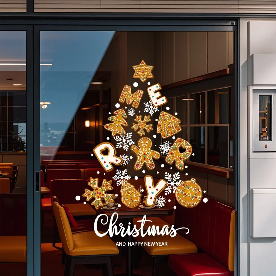 1Pc 45×60cm Christmas Glass Sticker, Gingerbread‑cookie Christmas Tree Pattern, Static‑adhesive, Festive Xmas Decor for Home, Office, Café & Retail Shop