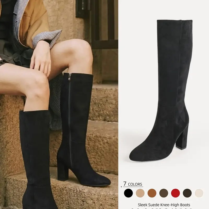 Women's Suede-Look Pointed Toe Knee High Boots,Slimming Fit,Chic Block Heel & Side Zipper Design,Essential Winter Tall Boots for Women, Footwear