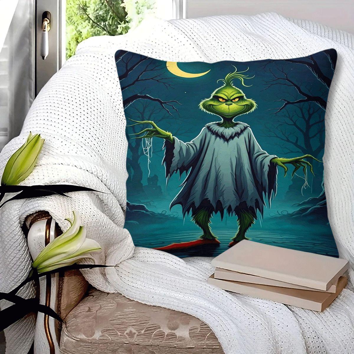 45x45cm 1Pc, Grinch Themed Halloween Christmas Cushion Pillow, spooky jack-o'-lantern bat print, soft durable cozy, perfect for sofa, bed, living room bedroom decor, ideal small holiday home gift, includes pillow filling