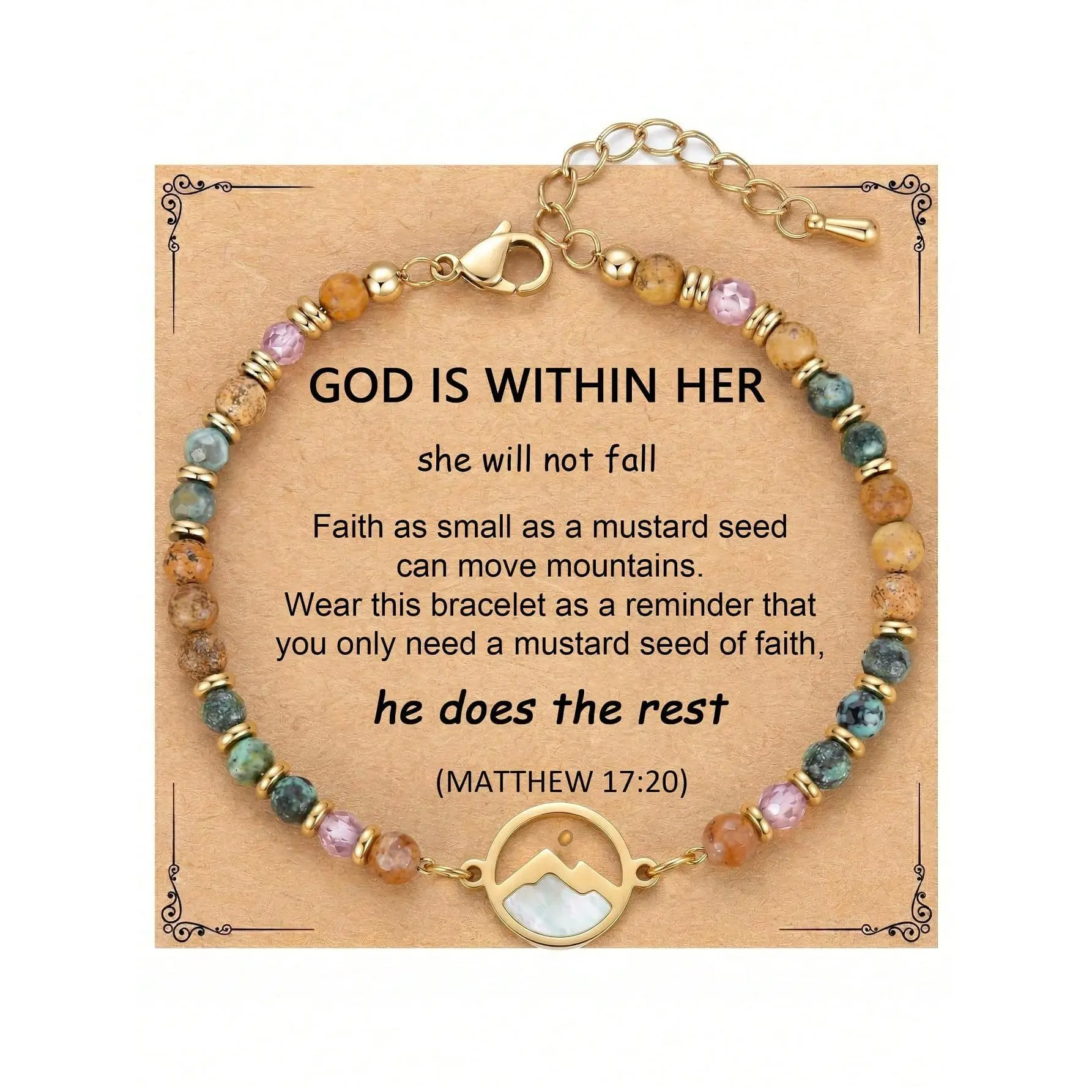 Women's Mustard Seed Bracelet - Natural Stone Move Mountains Pendant With Matthew 17:20 Message Card, Inspirational Christian Faith Jewelry Gift, Gift Ideas, Beaded