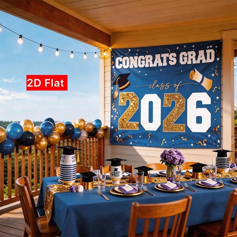 2D Flat Banner 1pc, 2026 Graduation Season Decor, Large Outdoor Flag, Blue, High School & University Party Supplies