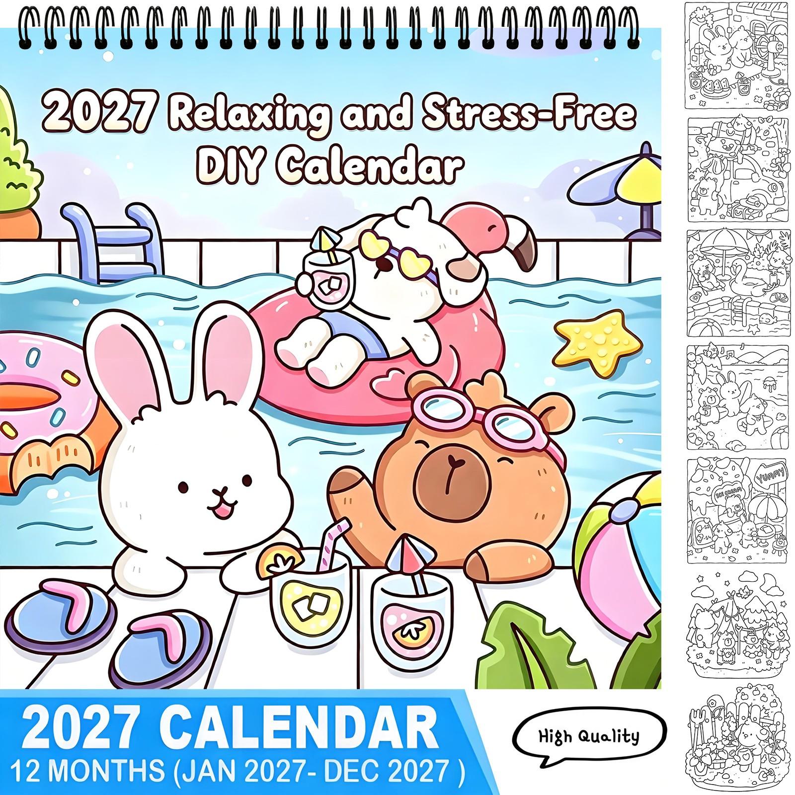 2027 Cute Cartoon Animals DIY Coloring Calendar 12 Months Stress Relief Relaxing Hand-drawn Line Art Desk Calendar Planner for Adults Kids Art Craft Gift,TikTokMadeMeBuyIt,kids calendar,new year calendar,coloring page calendar