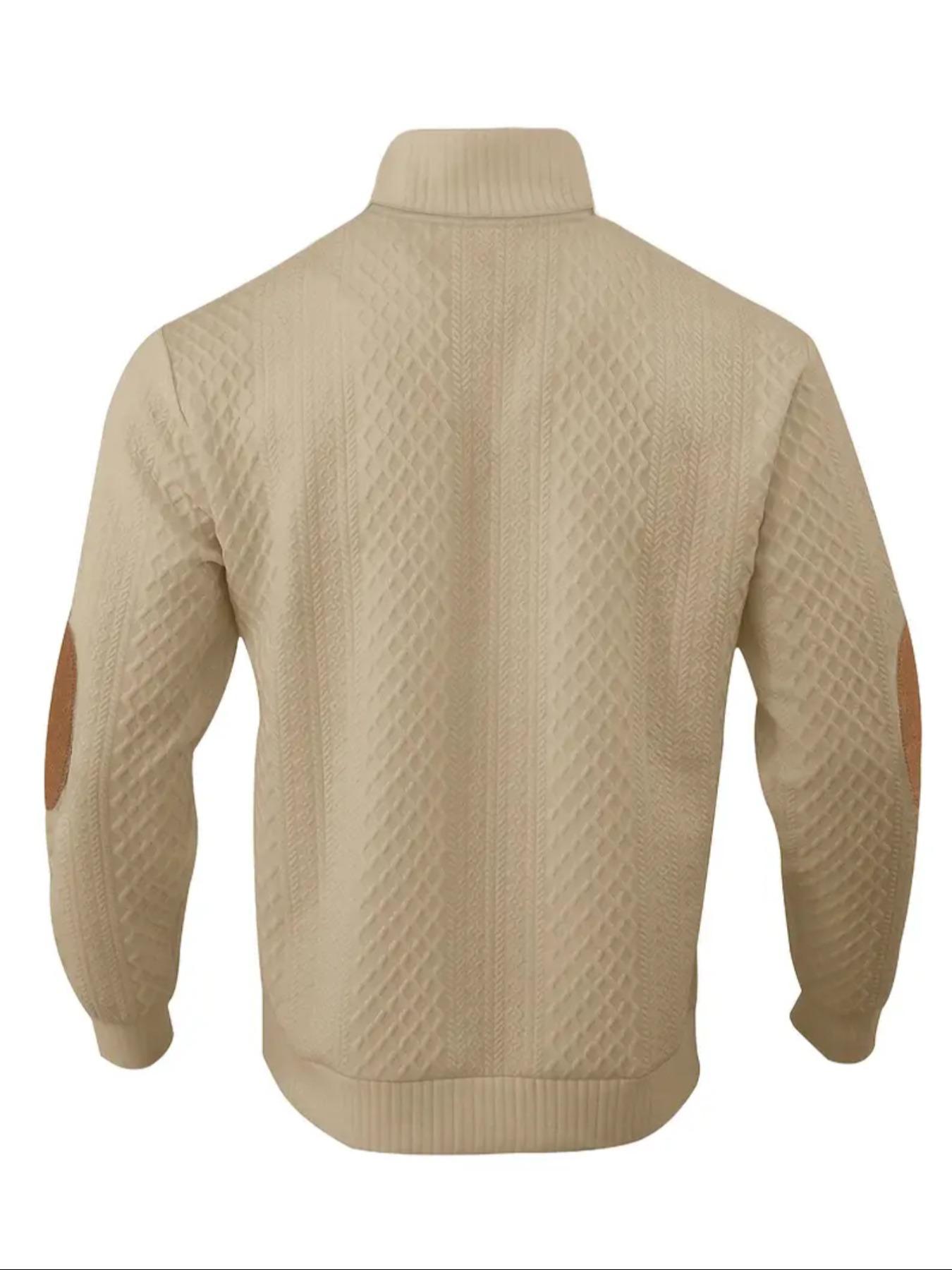 Men's Casual Sweater, Leather Patchwork Stand Collar Button Design Elbow Patches, Warm Sweatshirt for Fall & Winter Seasons