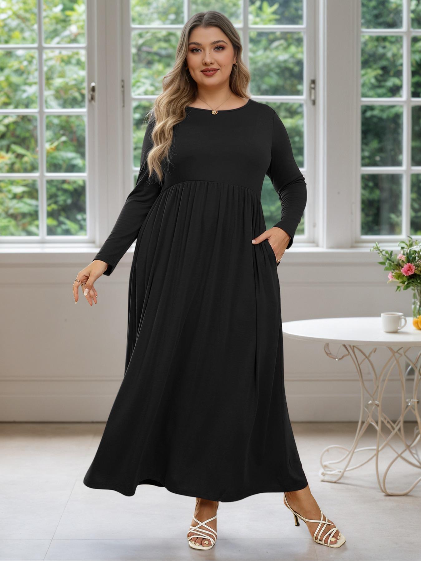 Women's Round Neck Stretchy Casual Maxi Long Plus Size Dress, Perfect for Bridesmaids, Vintage Style Wedding & Party Wear, Comfortable Fabric
