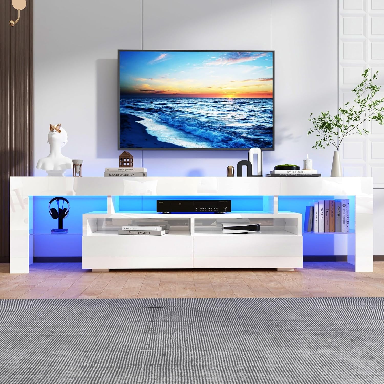 TV Stand with 16 Color LED Lights, Media Console with Drawer and Glass Open Shelf for 65/75/85/90/100 inch TV, Modern Gloss Entertainment Center for Living Room, Black/white