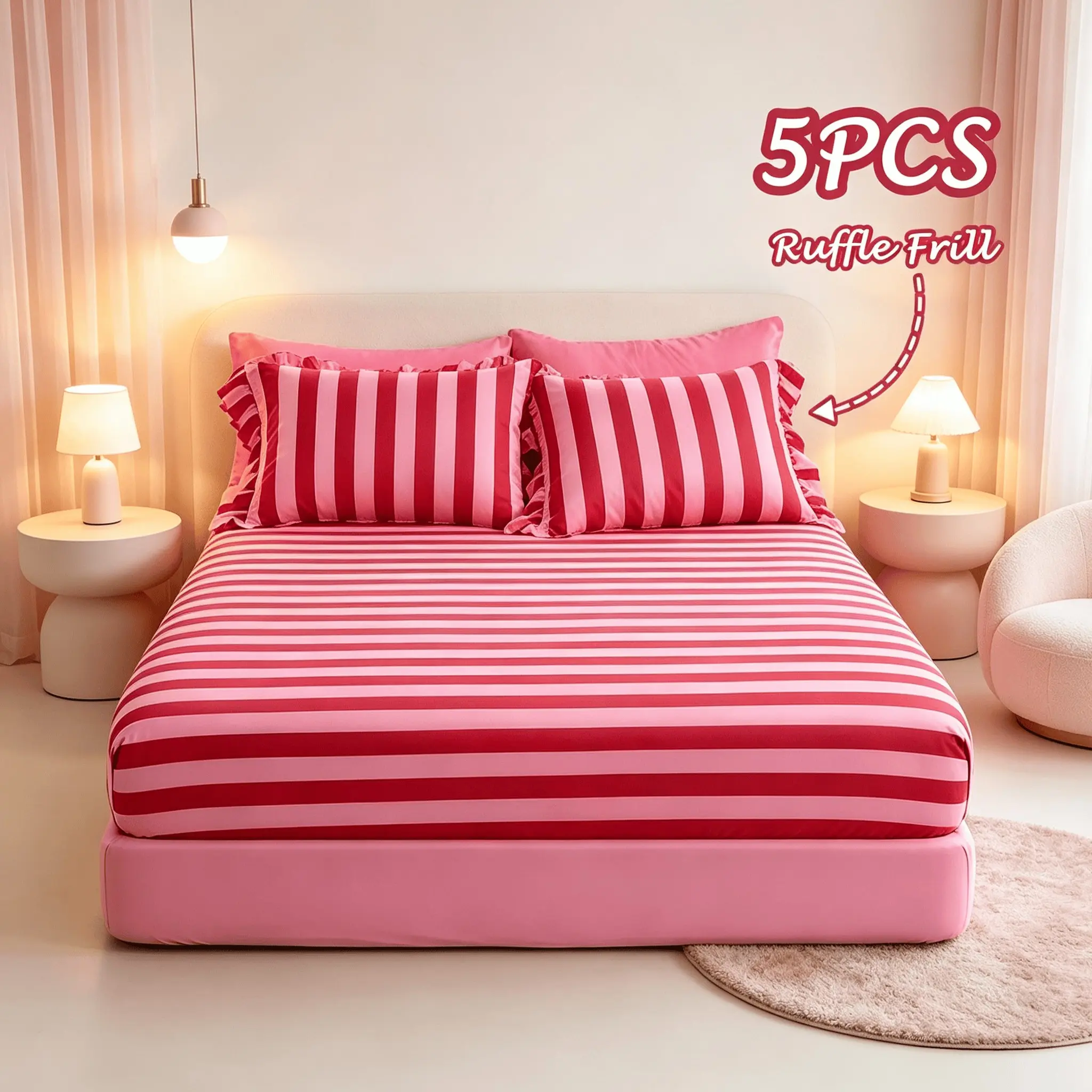 5-Piece Pink Striped Fitted Sheet Set with Ruffle Pillowcases, Includes 1 Fitted Sheet, 2 Ruffle Frill Pillowcases & 2 Satin Pillowcases, No Fillings. Soft Fabric, Vintage Bedroom Decor, Ideal Gift Choice