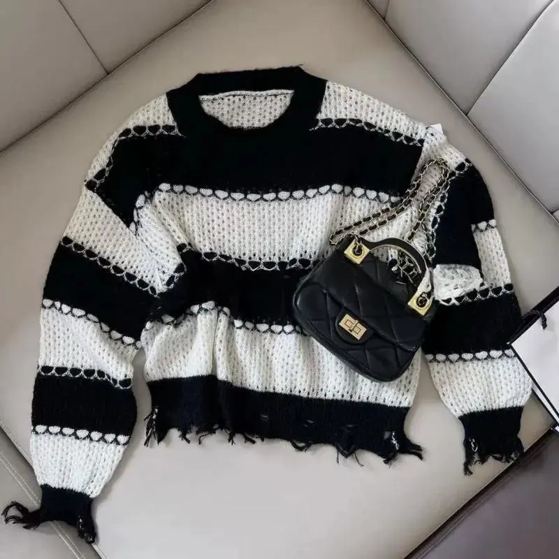 Ripped Knit Sweater for Women Pullovers Sheer Hollow Out Cozy Distressed Sweater Jumper Teen-girl Y2K Grunge Outfit