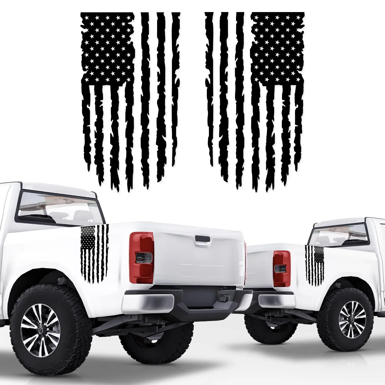 Distressed American Flag Vinyl Decal 2 Pack 17 inch by 9 inch for Trucks, Tailgate, Cars, Windows Compatible with Most Pickup EUA - Rear Graphic USA, US Flag Car Sticker (Black)