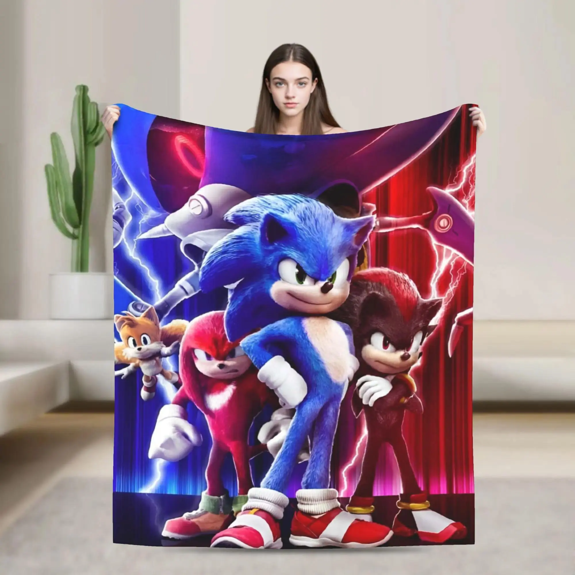 S-Sonic The Hedgehog Movie Character Group Flannel Throw Blanket, Soft Warm Blanket for Sofa Bed Kids Room Movie Night
