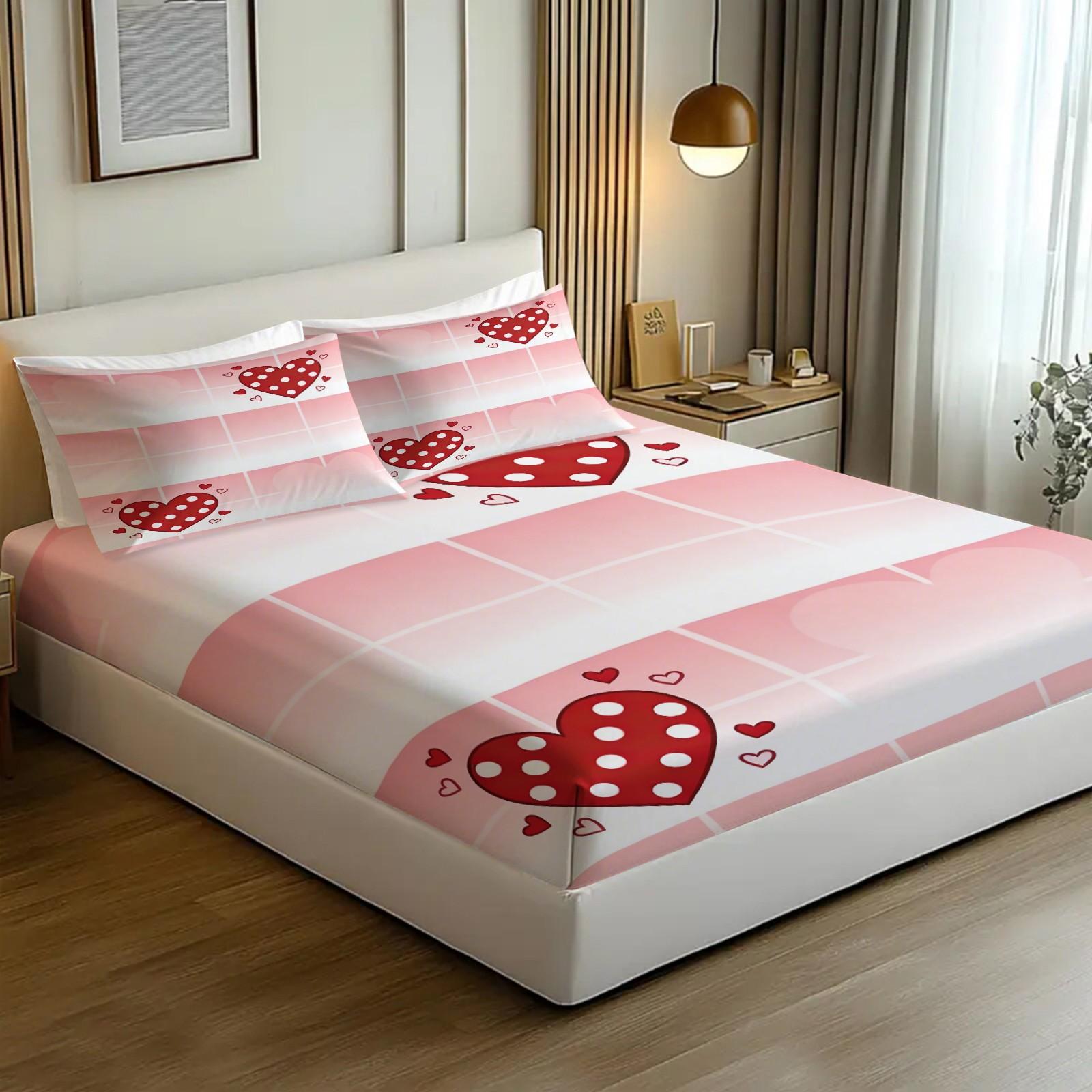 Valentine'S Day Themed Sweet Pink Gradient Plaid Pattern Bedding Set, 3-Piece Set With Red Polka Dot Heart-shaped Print Fitted Sheet Set, Perfect for A Romantic Girl'S Bedroom Decor. Includes 1 Fitted Sheet and 2 Pillowcases.