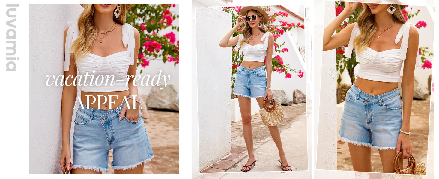 luvamia Jean Shorts for Women Low Waisted Trendy Stretchy Crossover Waist Denim Shorts Raw Hem Casual Summer Pockets nice  jeans Blue Clothes Womenswear Bottom jorts jean shorts