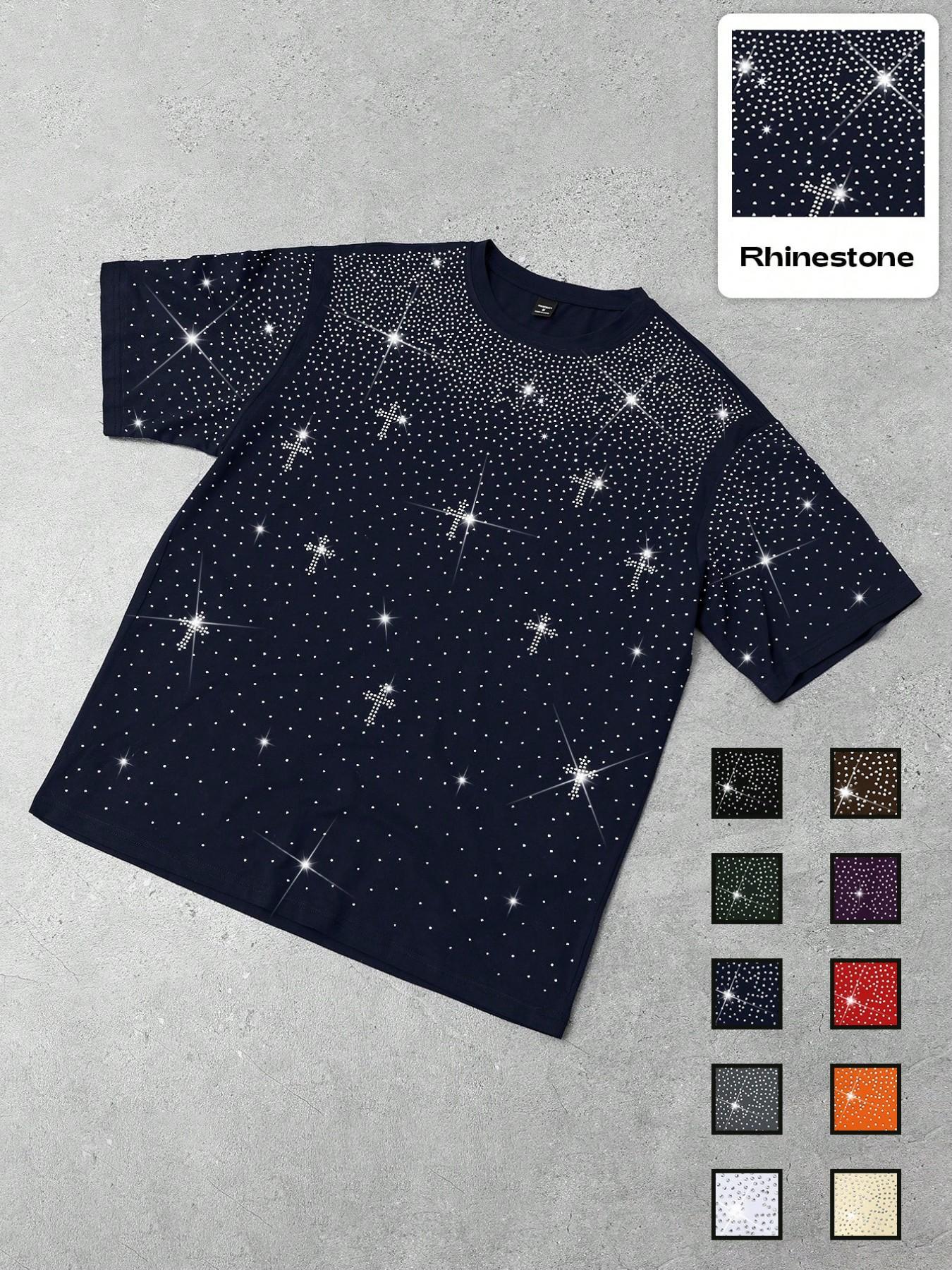 Men's Gothic Cross Rhinestone Embellished T-Shirt | Lightweight Breathable Polyester, Black Base with Sparkling Rhinestone Star & Cross Print, Oversized Fit, Y2K Streetwear Casual Tee, Ideal for Party, Night Out, Urban Street Style & Edgy Looks