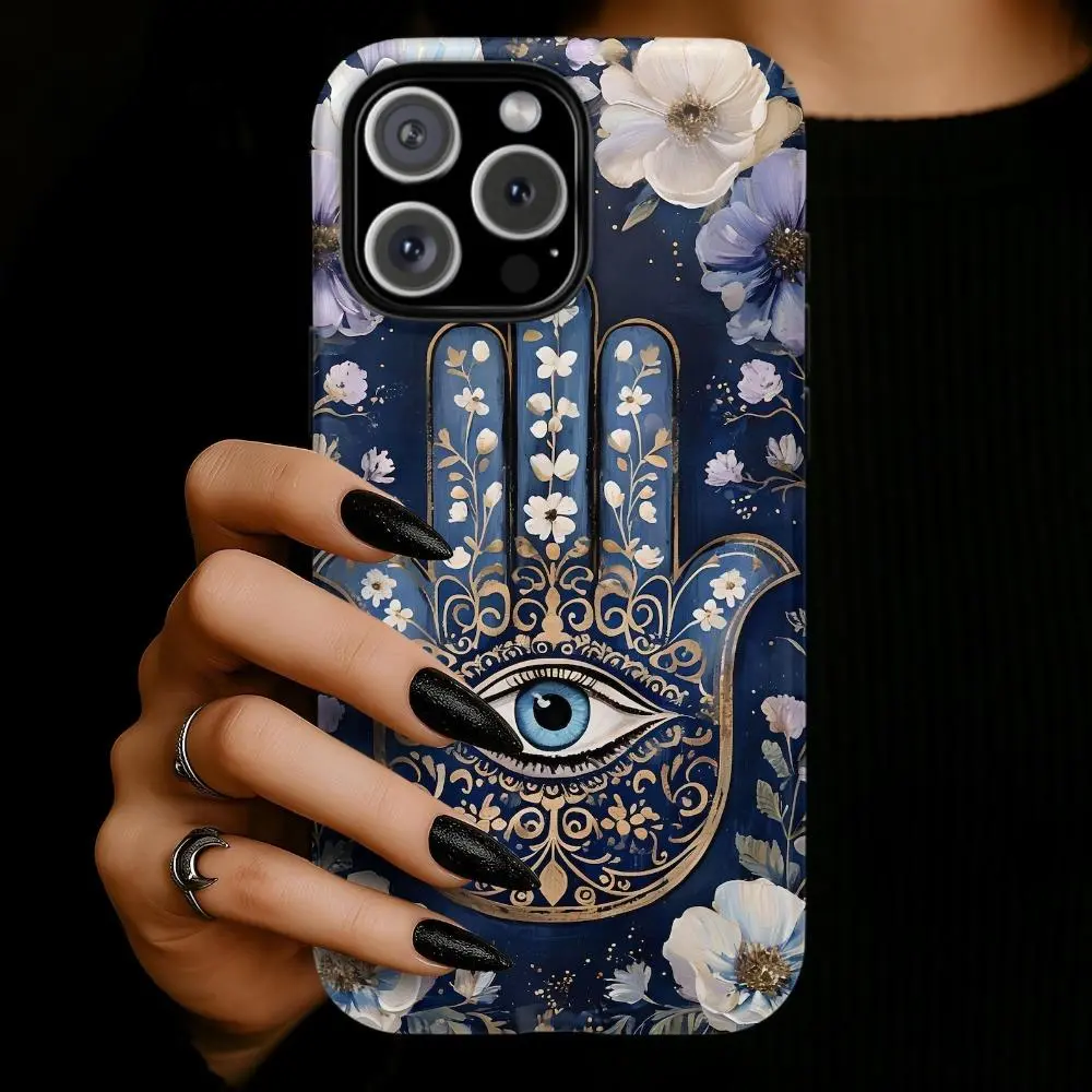 Hamsa Hand Floral Evil Eye Pattern 2-in-1 Glossy Film Protective Case - Durable TPU Shockproof Silicone Accessories, Full Coverage Multi-Model for iPhone 18,17 Air E,16,15,14,13,12,11 Pro/Pro Max & Samsung Galaxy S24 Plus,S25,S22+,Ultra,FE,Edge
