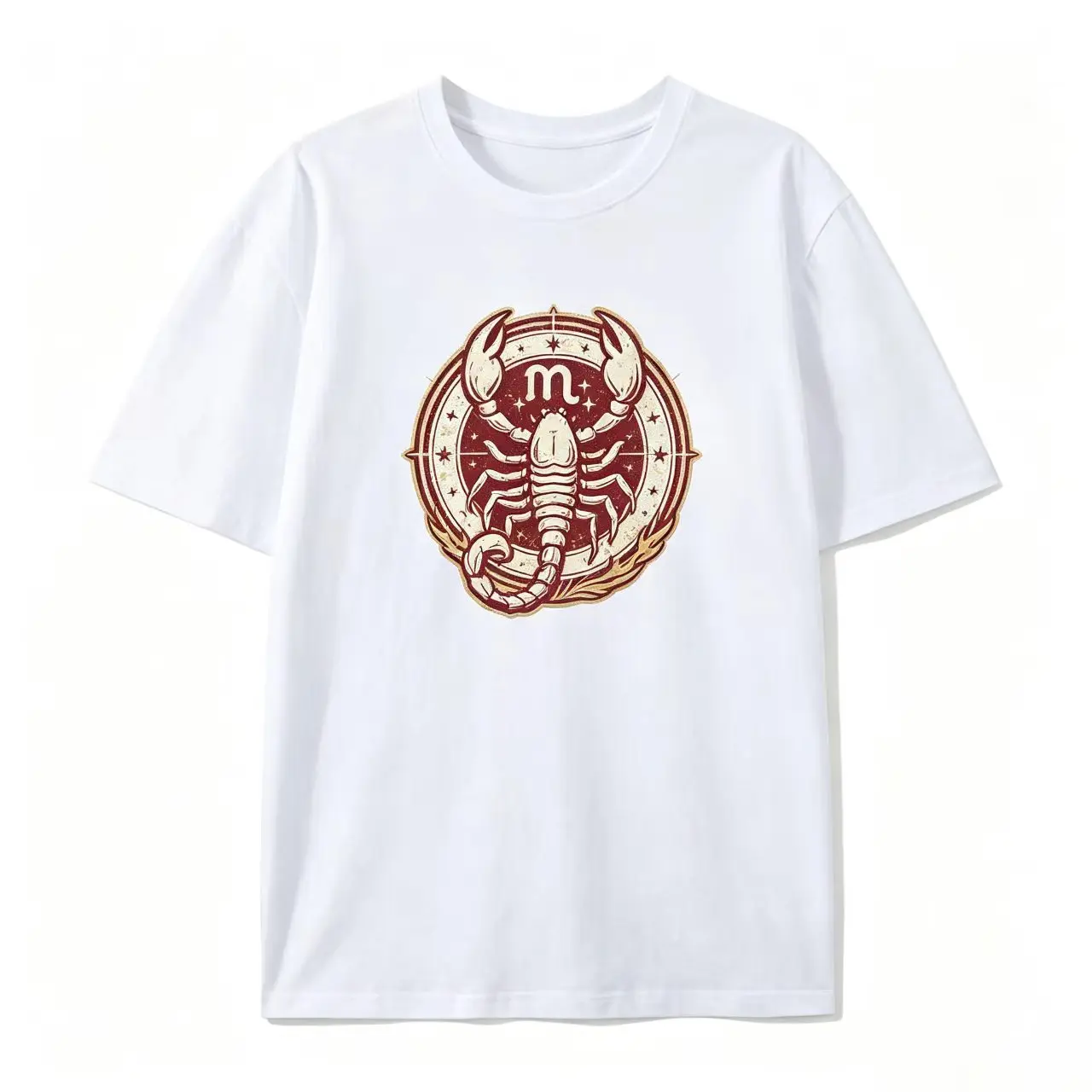 Men's Oversized Pure Cotton Shortsleeve T-Shirt - Scorpio Zodiac Scorpion Vintage Circular Stamp Badge, Classic Retro Astrology Comfy Relaxed Fit Tee, Ideal Birthday Gift For Scorpio Lovers