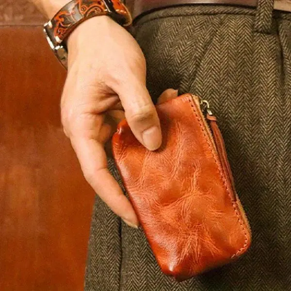 JSERYISGN 1-Pack | First Layer Vegetable-Tanned Cowhide Coin Purse/Lipstick Case | Hand-Polished & Antiqued, Pleated Card Holder Design