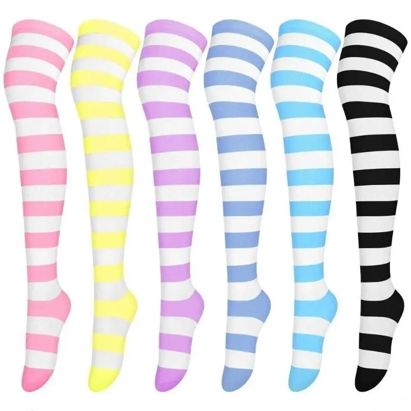 Women's 6-Pair Smooth Top Knee Socks, Extra-Long Striped Stretchy Stockings, Festival Matching Bag Accessory for Cosplay, Halloween Outfits, Comfortable