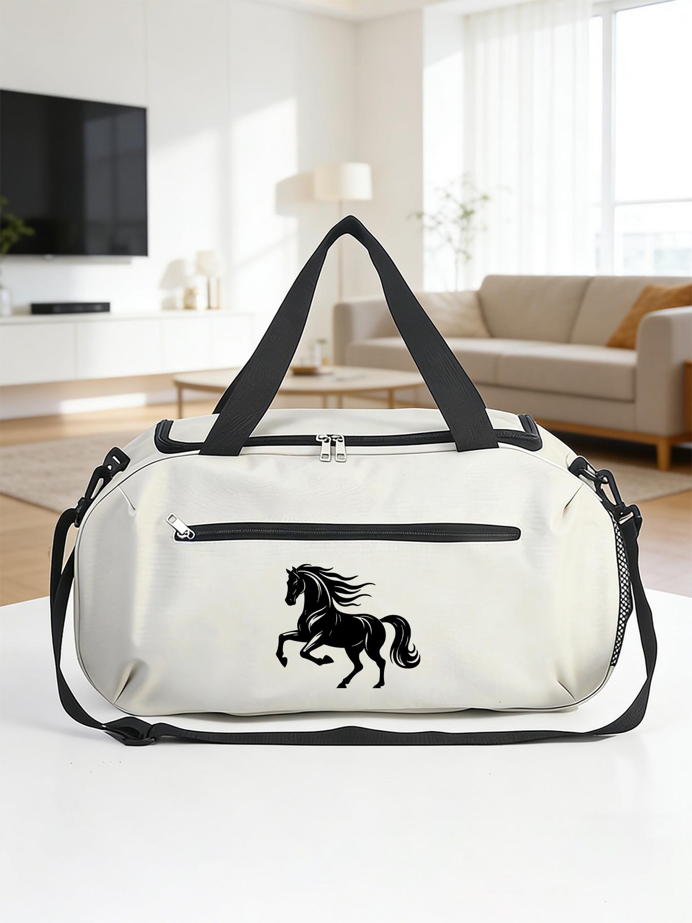 Steed Print Large Capacity Sports Gym Bag, Dry-wet Separation Storage Luggage Bag, Hand & Crossbody Travel Bag with Side Mesh Pocket. Unisex bag for training and short business trips, perfect gift for men.