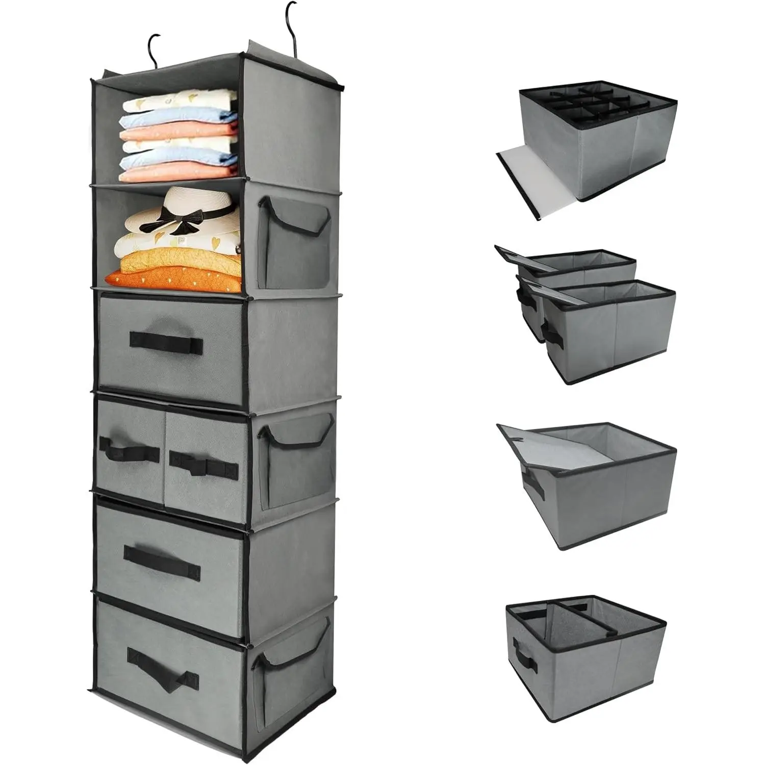 Durable 6-Tier hanging closet organizer with 5 Drawers & 3 Side Pocket,Thickened Fabric Hanging Shelves Holder with Sturdy Hook,Space-saving Storage Organization for Bedroom,Dorm,Guestroom,RV,Bathroom