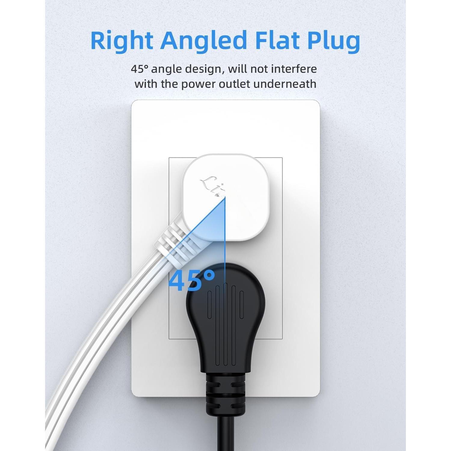 Flat Plug Extension Cord with 3 Outlets - 6 ft White Low Profile Indoor 3 Prong Grounded Power Strip for Office & Travel - 16/3 AWG, 13A/1625W Flat Plug Extension Cord with 3 Outlets - 6 ft White Low Profile Indoor 3 Prong Grounded Power Strip for Office & Travel - 16/3 AWG, 13A/1625W