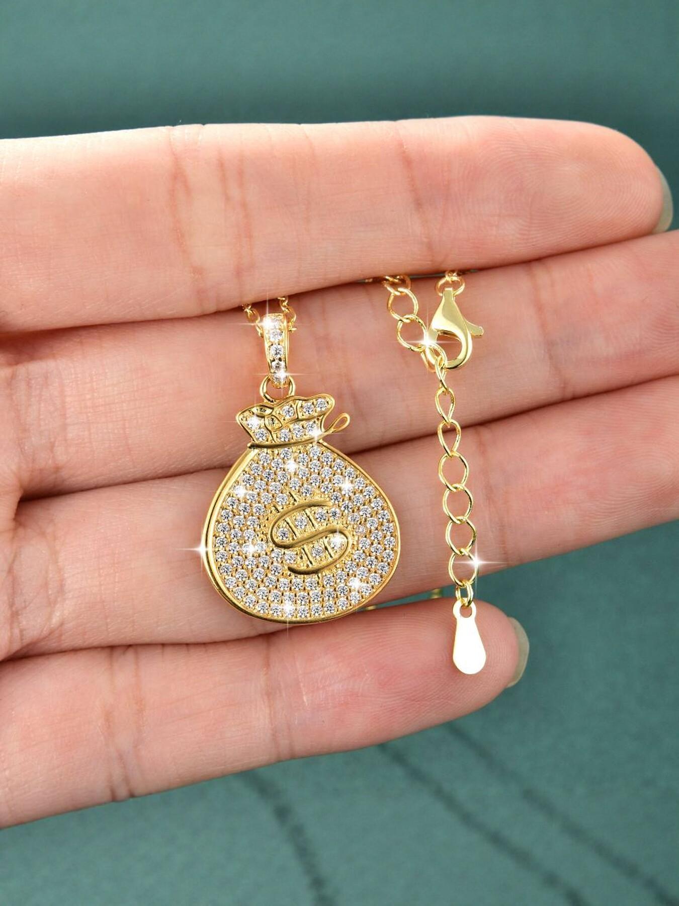 Sparkling CZ Money Bag Pendant Necklace, Iced Out Dollar Sign Necklace, 14K Gold Plated Wealth Lucky Jewelry for Women Men, Hip Hop Everyday Wear Gift