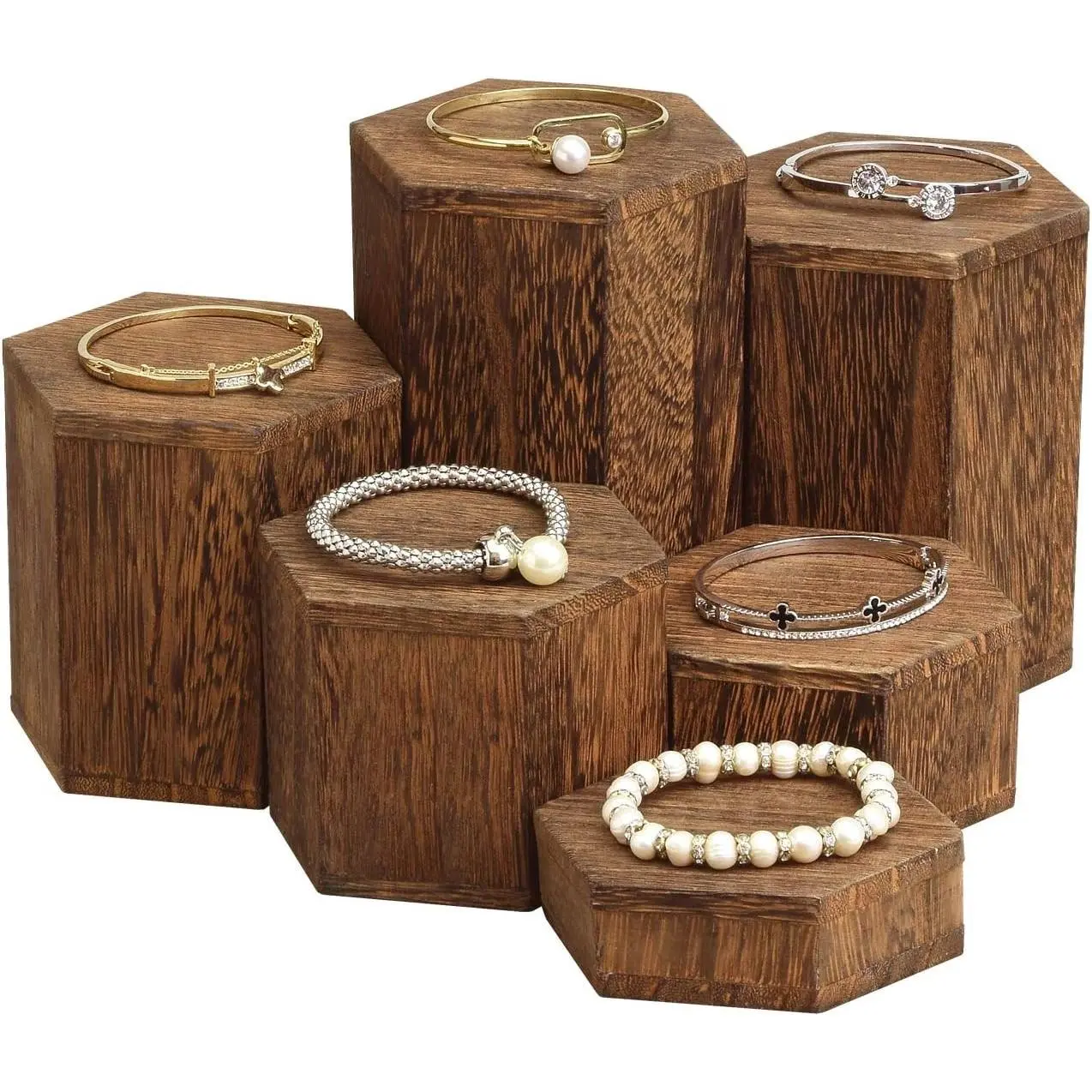 6-Piece Wooden Hexagon Jewelry Display Stand Risers for Accessories, BrownGift