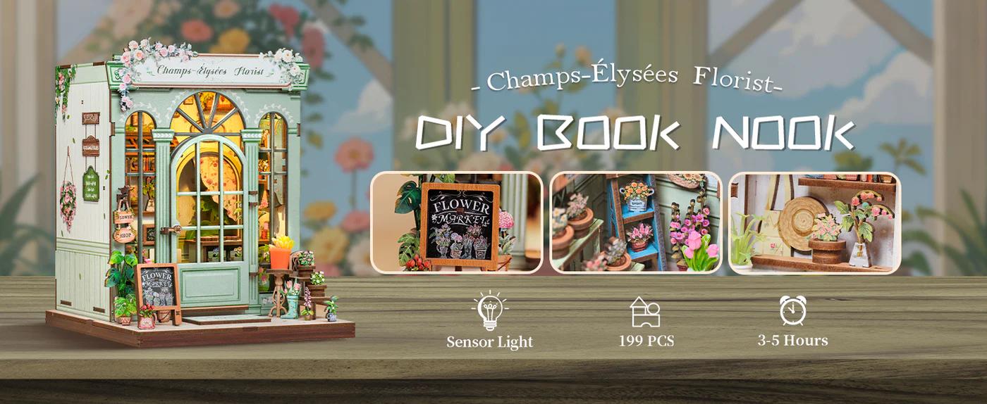CUTEBEE DIY Book Nook Kit with LED Lights 3D Wooden Puzzle Miniature House for Adults & Teens Black Friday Deal Romantic Christmas Gift for Home Bookshelf Decor Champs-Élysées Florist House Building Kit
