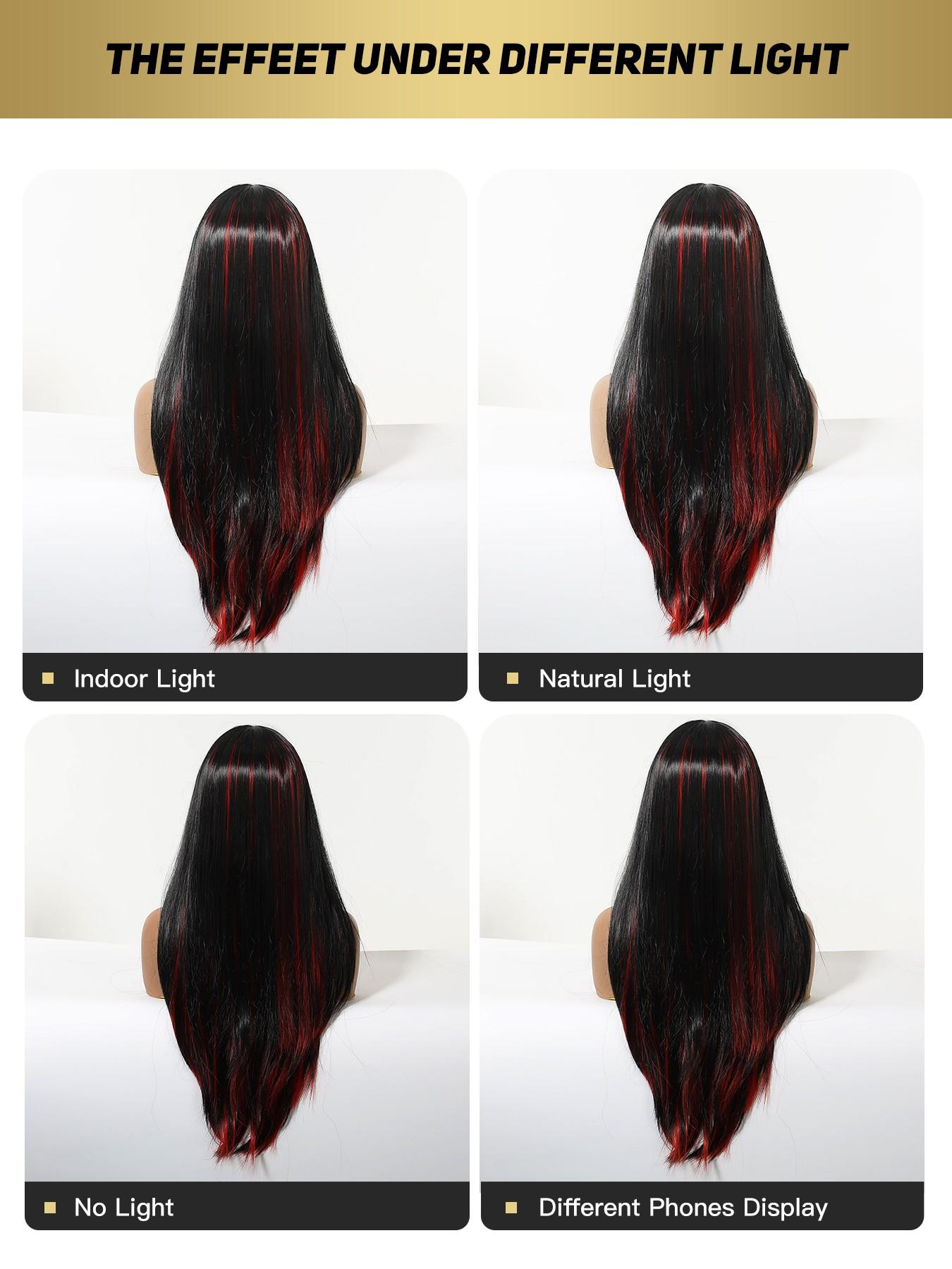 Ultra-Long Straight Wig 26 Inches, Wine Blend Color, Full Bangs, Natural Hairline, Layered Inner Curl, Women's Fashion Wig, Synthetic Wigs