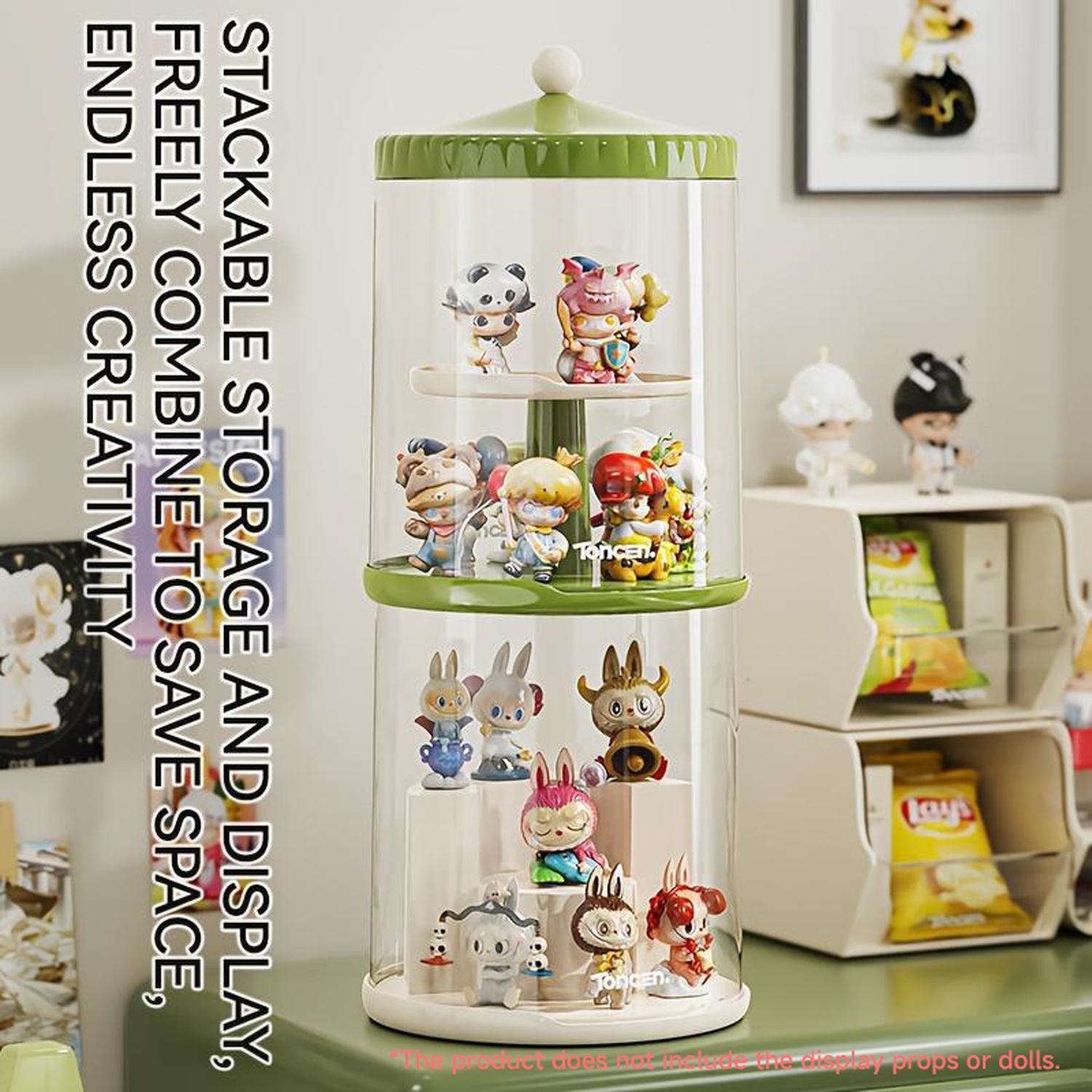 Handheld Doll Display Case, 360-Degree Rotating Base, Stackable Collectible Figurines Storage Box, Watch Jewelry Showcase, Collectible Organizer