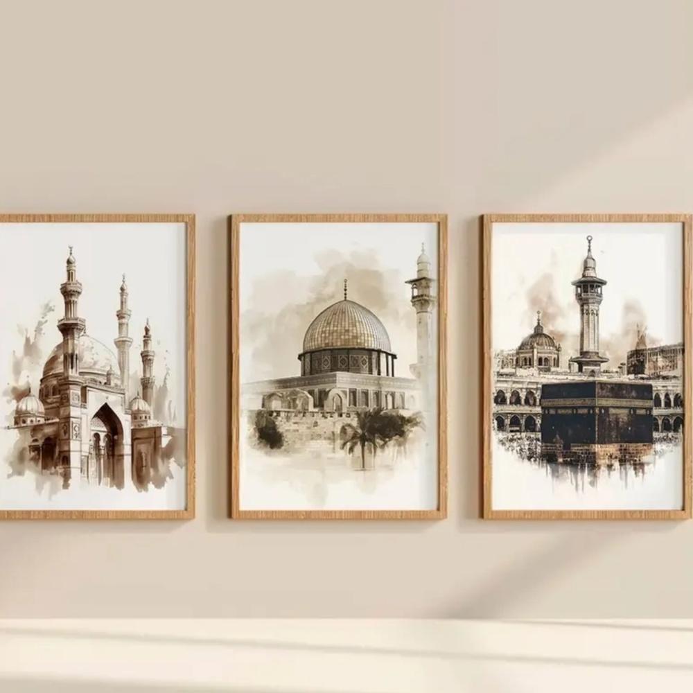 3pcs Frameless Muslim Jerusalem Mecca Medina Mosque Wall Art Print Canvas Poster, Living Room Decoration, Watercolor Painting
