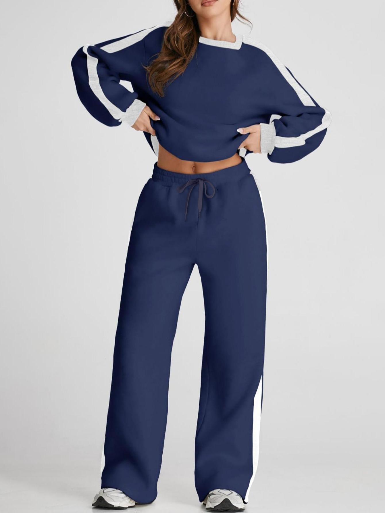 Women's Color Contrast Patchwork Causal Jogging Suit Set,Crew Neck Long Sleeve Top & Straight Trousers Set,Fashion Sweatshirt suit