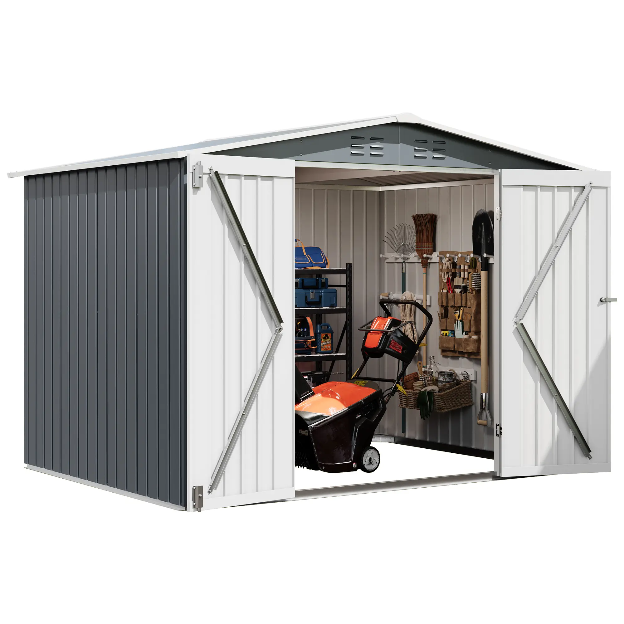 8x6 FT Weather-Resistant Metal Outdoor Storage Outdoor Storage  – Lockable Double Doors, Vents, Secure Garden Tool Organizer
