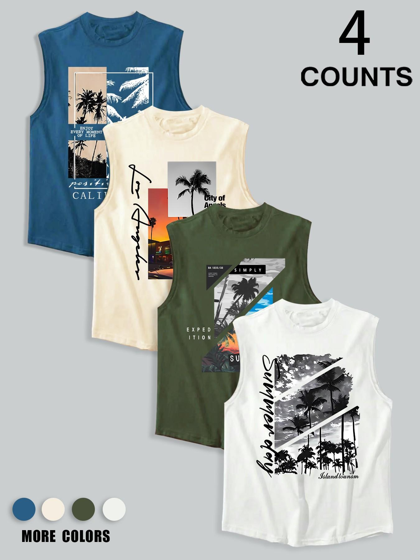 Men's 4-Pack Palm Tree & City Scene Graphic Sleeveless Tank Tops, Summer Vacation Casual Athletic Vests, Beach Streetwear #SummerStreetwear #PalmTreeTank #BeachWear #MensAthleticWear #TikTokMadeMeBuyIt