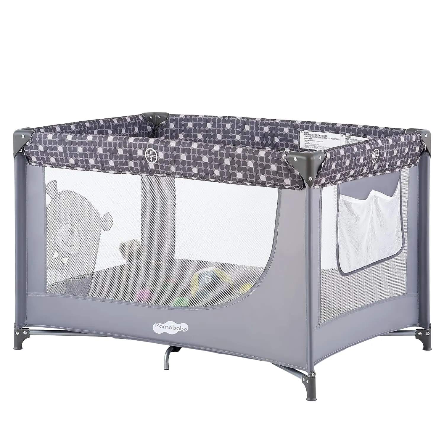 Pack and Play Portable Baby Crib, Foldable Mesh Playard with Mattress Pad & Side Storage Pocket, Lightweight Unisex Gray Travel Playpen for Infants and Toddlers, Indoor Outdoor Safe Activity Center