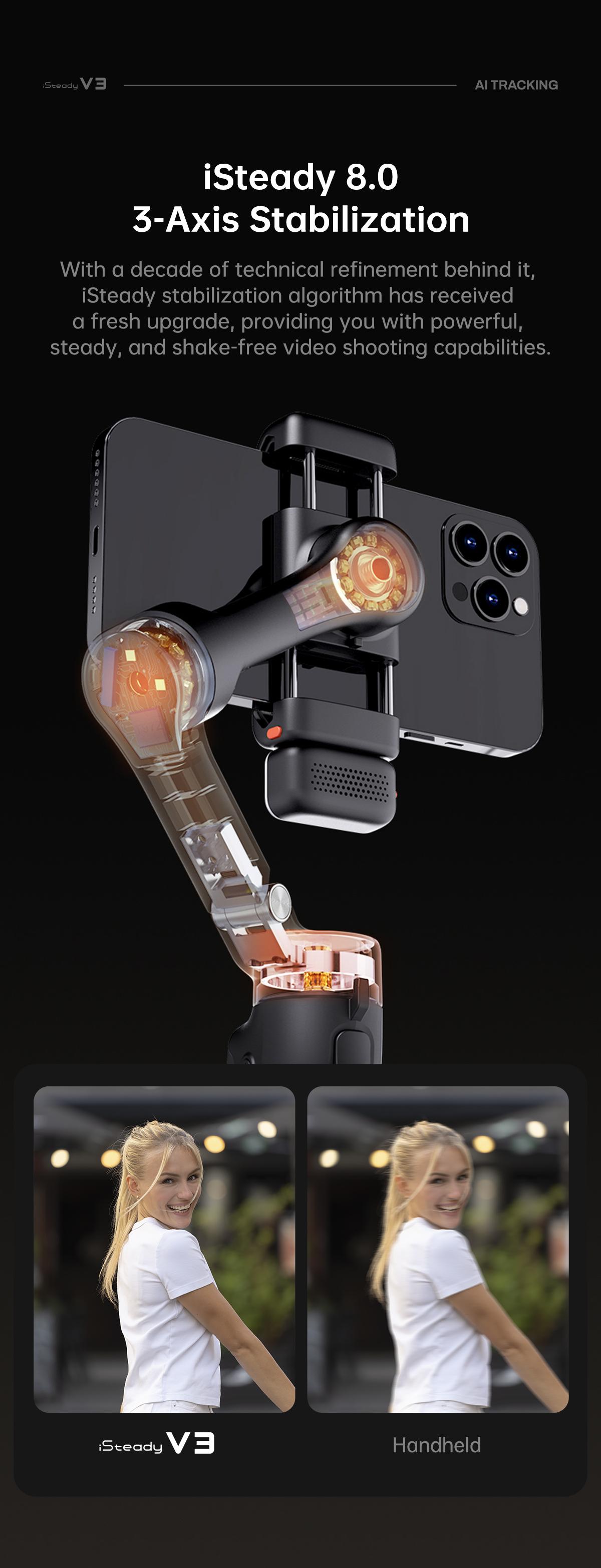 Hohem iSteady V3 New Gimbal Stabilizer for SmartiPhone, 3-Axis Phone Gimbal, Magnetic AI Tracker, Built-in Extendable Rod & Tripod, Detachable Remote Control,selfiestick,Phone Accessories,Suitable for Android & iPhone 17 series, Travel, Vlog, TikTok
